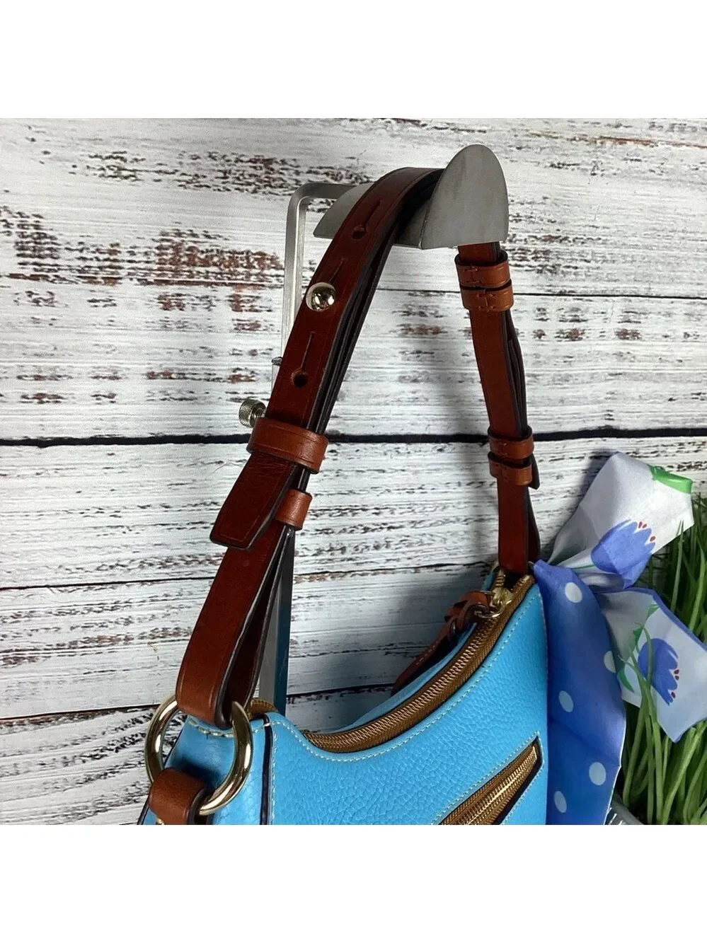 Dooney & Bourke Kiley Aqua Blue Brown Hobo Shoulder Bag Pebble leather Purse guc